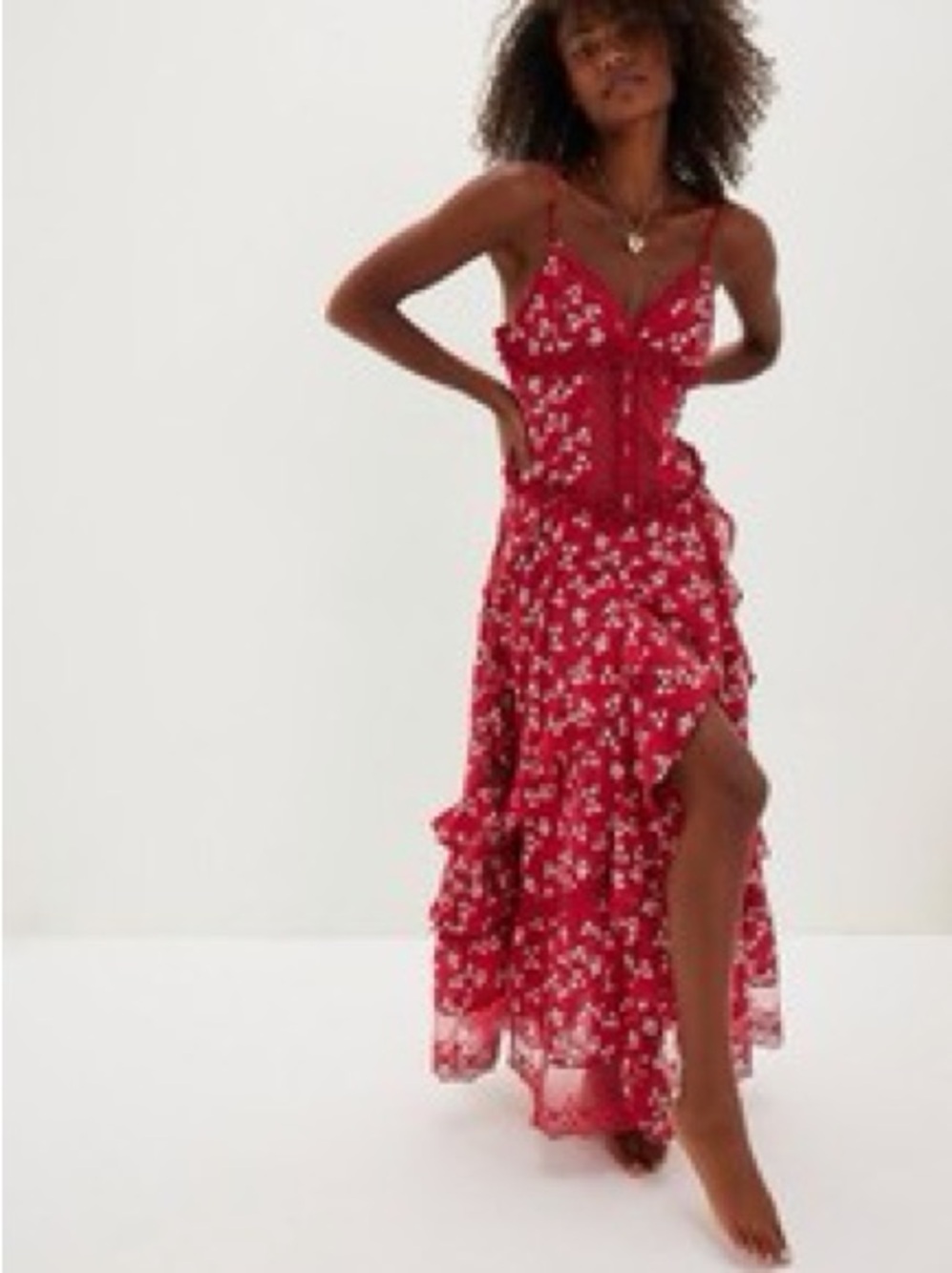 NWT Free People Hearts Desire Red Floral Lace-Up Ruffled Maxi Dress